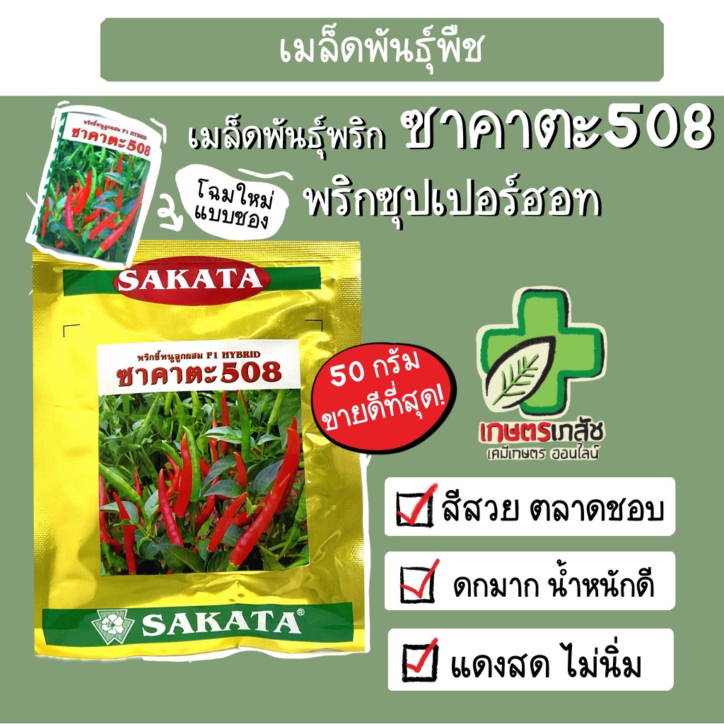 แบบซอง ลอทใหม่ เมล็ดพันธุ์พริกฮอท ซาคาตะ508 50 กรัม ขี้หนูลูกผสมซาคาตะ508 F1