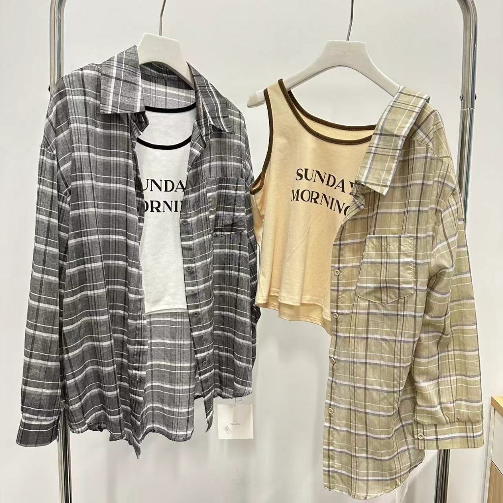 YODO เสื้อเชิ้ตลายสก๊อต   ใส่สบาย  กันแดด แถมเสื้อกล้าม  A2826