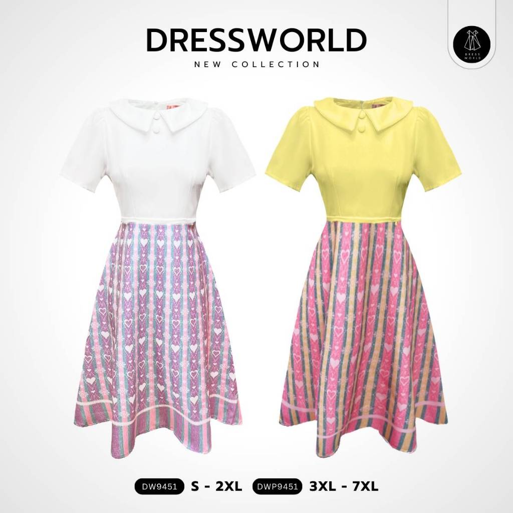 {S-7XL} 9451 งานป้าย Dress World เดรสสั้น ทรงบาน ลายหัวใจ น่าร๊ากก ไม่มีไม่ได้แล้วน๊าา