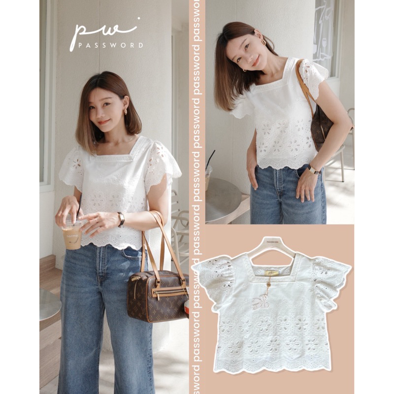Password เสื้อคอตตอนปักฉลุลายดอกไม้ทั้งตัว