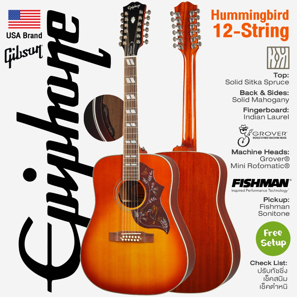 Epiphone® Hummingbird 12-String กีตาร์โปร่งไฟฟ้า 12 สาย 41 นิ้ว All Solid ไม้แท้ทั้งตัว (Spruce/Maho