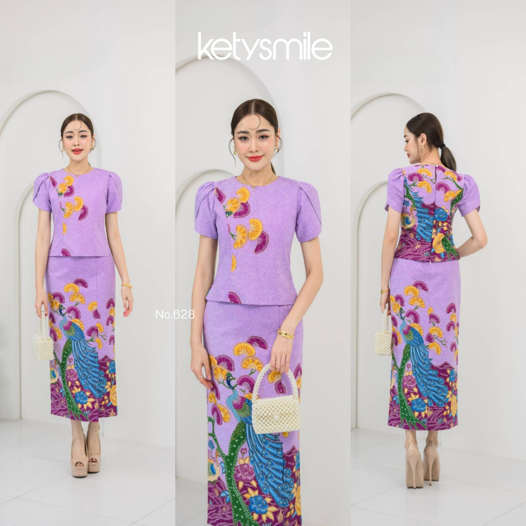 ชุดเซตเสื้อกระโปรงผ้าปาเต๊ะนายนกยูง คอกลม แขนกลีบบัว งานอัดกาว ทั้งชุด ทุกชิ้น ซิปซ่อนด้านหลัง (S-2XL) KS628