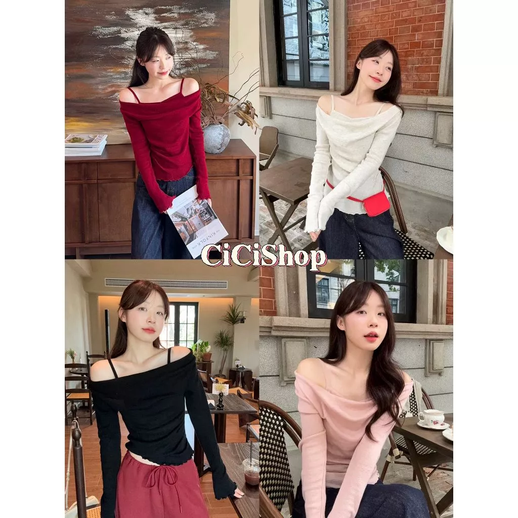 Cicishop (C1927) เสื้อไหมพรมแขนยาวปาดไหล่ สองเลเยอร์ เย็บติด แต่งขอบหยัก ผ้านุ่มมาก สไตล์เกาหลี
