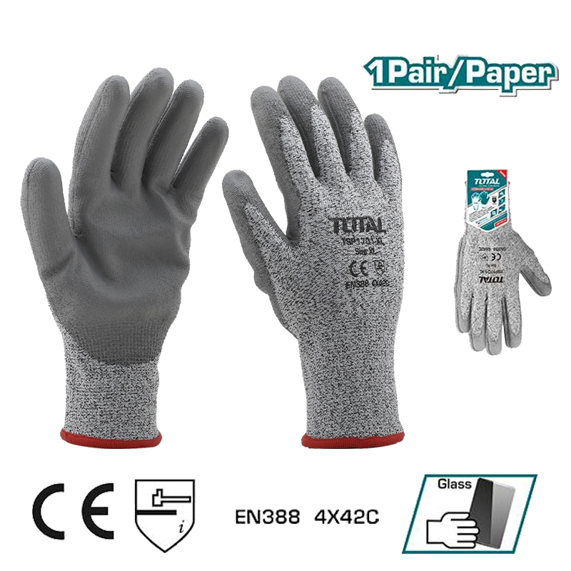 TOTAL ถุงมือกันบาด รุ่น TSP1701-XL / TSP1702-XL ถุงมือนิรภัย เคลือบ PU ป้องกัน ของมีคม มีด กระจก สังกะสี ลวดหนาม