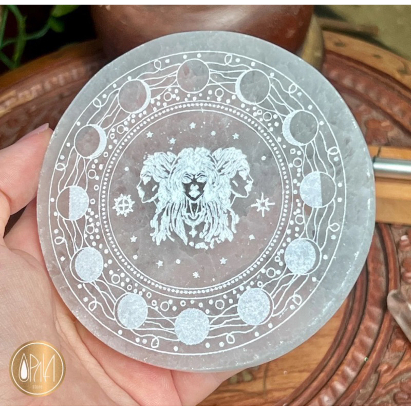1 Pc Selenite Charging Plate Etched with Hecate, Charge your crystals in style Shape for Cleaning Negative Energy