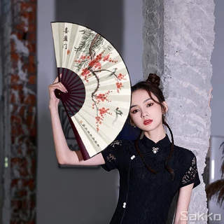 พัดจีนโบราณแบบพับได้ 13 นิ้ว ไม้ไผ่แท้+ผ้าคลาสสิก พกพาสะดวก งานหัตถกรรมประณีต