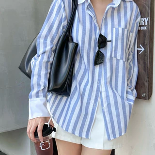 BLUE STRIPED SHIRT เสื้อเชิ้ตลายทางผู้หญิง Oversize แขนยาวเกาหลี เสื้อคลุมผู้หญิง ใส่เที่ยวใส่ทำงาน เนื้อดี ทรงสวย