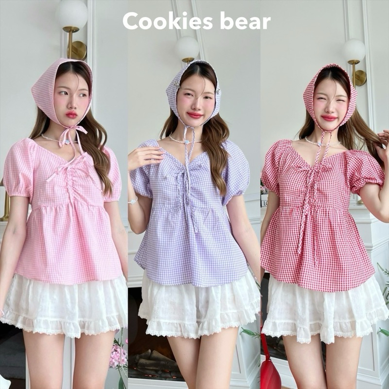 A38 - เซต2 ชิ้น เสื้อแขนตุ๊กตาคอวีลายสก๊อตเล็ก+ ผ้าโพกผม