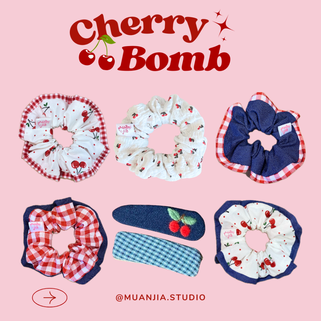 cherry bomb scrunchies | ยางมัดผม ยางรัดผม ลายเชอร์รี่ ยีนส์ |muanjia.studio