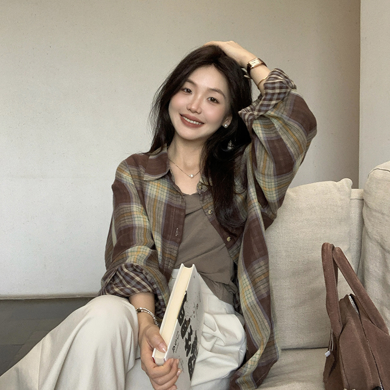 ohho w498 เสื้อเชิ้ตลายสก๊อตแขนยาว ย้อนยุค ทรงหลวม เสื้อเชิ้ตกันแดดสุดเก๋ สไตล์เกาหลี โอเวอร์ไซส์ ผ้าบางเบา ใส่สบาย