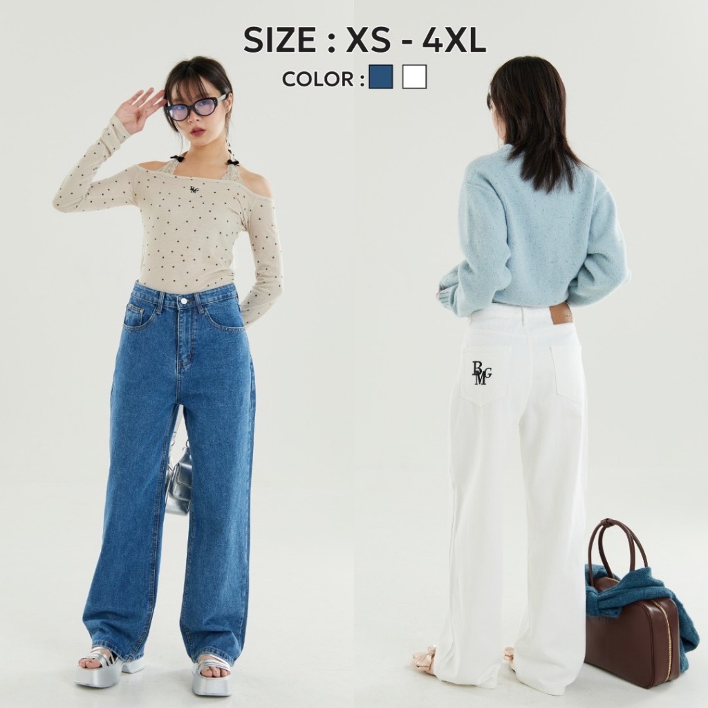 Bemingjeans052(XS-4XL) - Beming Exclusive Jeans ป้ายน้ำตาล ทรงกระบอกใหญ่ตรง เอวสูง