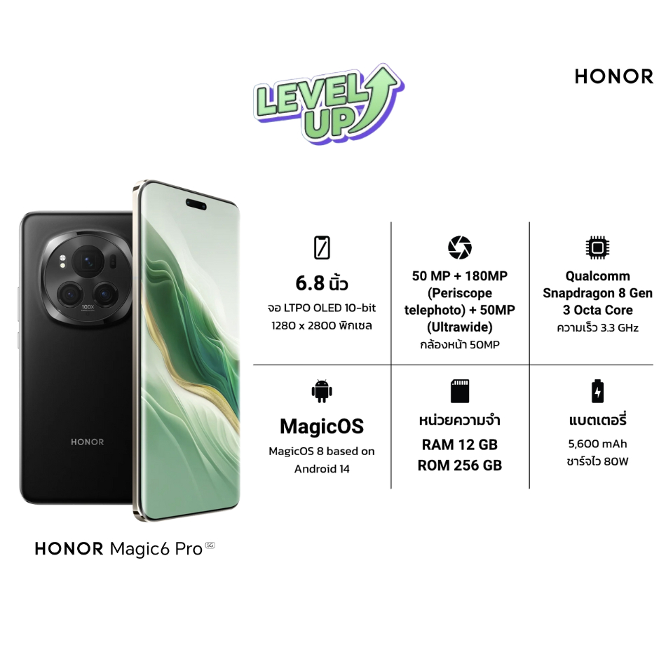 [New] HONOR Magic 6 Pro | 12+512GB | หน้าจอ 6.8”OLED | Camera 50MP | แบตเตอรี่ 5600mAh