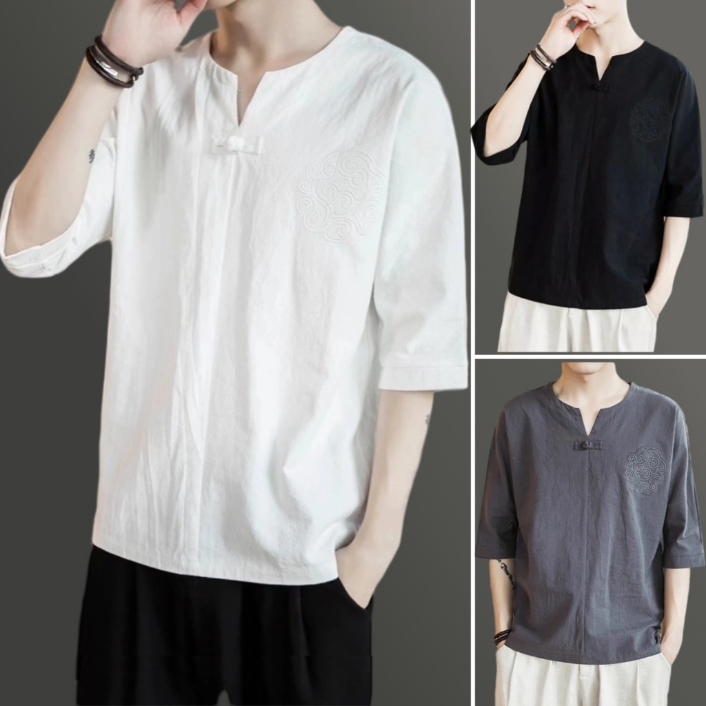 เสื้อเชิ้ตผู้ชาย เชิ้ตแขนสั้น ผ้าฝ้าย และผ้าลินิน ระบายอากาศ ดี สไตล์จีน เรียบง่าย