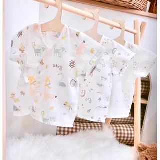 Cali เสื้อเด็กอ่อน​ ผ้ามัสลินทอตาราง แขนสั้นผูกหน้า 0-3 เดือน *แพ็ค 3 ตัว *ป้าย Cali baby