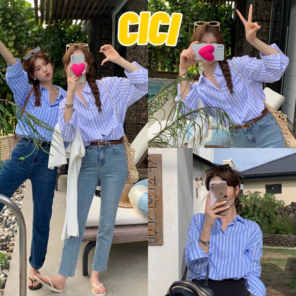 ส่งทันที Cici(NO. 3338) เสื้อเชิ้ตคอปกลายทาง กระดุมสามารถใช้งานได้จริง สไตล์ฝรั่งเศส