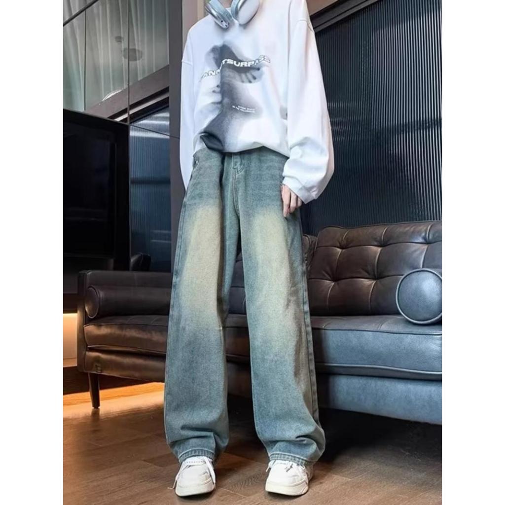 JEANS กางเกงยีนส์ขายาว ทรงกระบอกใหญ่ สีฟอกสนิม รหัส กางเกงยีนส์ขายาวผู้ชาย กางเกงทรงกระบอก สไตล์วินเทจ