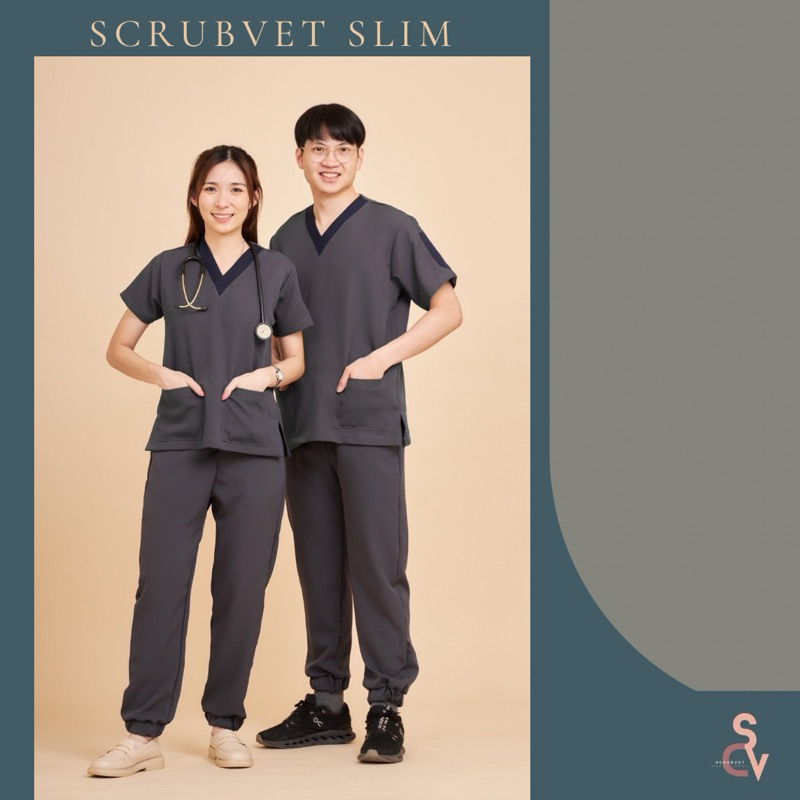 scrubvet [รุ่น SLIM]: ชุดสครับสีเทาเข้ม ตัดแถบคอสีกรม (เสื้อ+กางเกง)