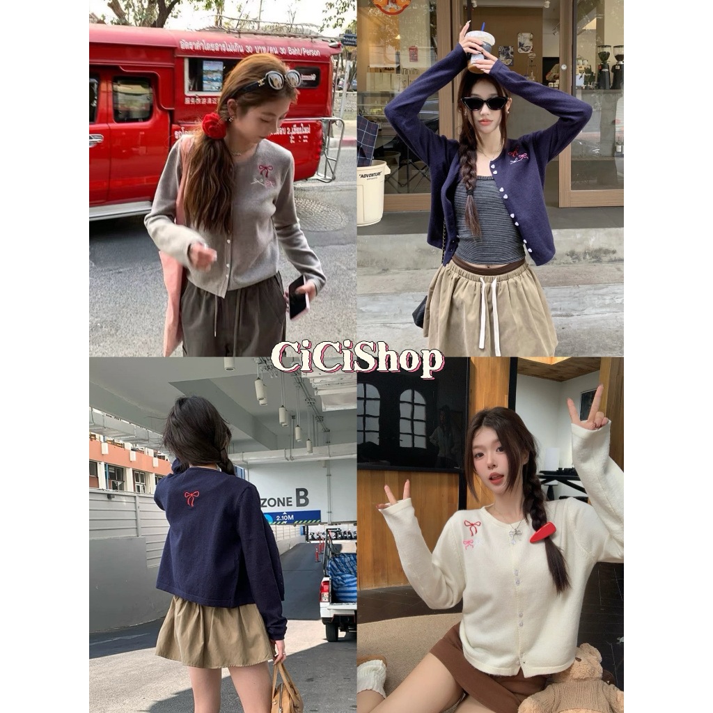 Cicishop(Z36)เสื้อไหมพรมแขนยาว ดีเทลกระดุมคู่หัวใจ ปักลายโบว์น่ารักๆ