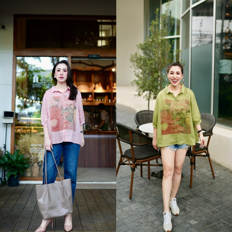 Lynlalin เสื้อเชิ้ตคอปกงานผ้าลินินแท้ พิมพ์ลายภาพแคนวาสดอกไม้ ผ้าเบาใส่สบาย ระบายอากาศได้ดี รุ่น ปกผาราม