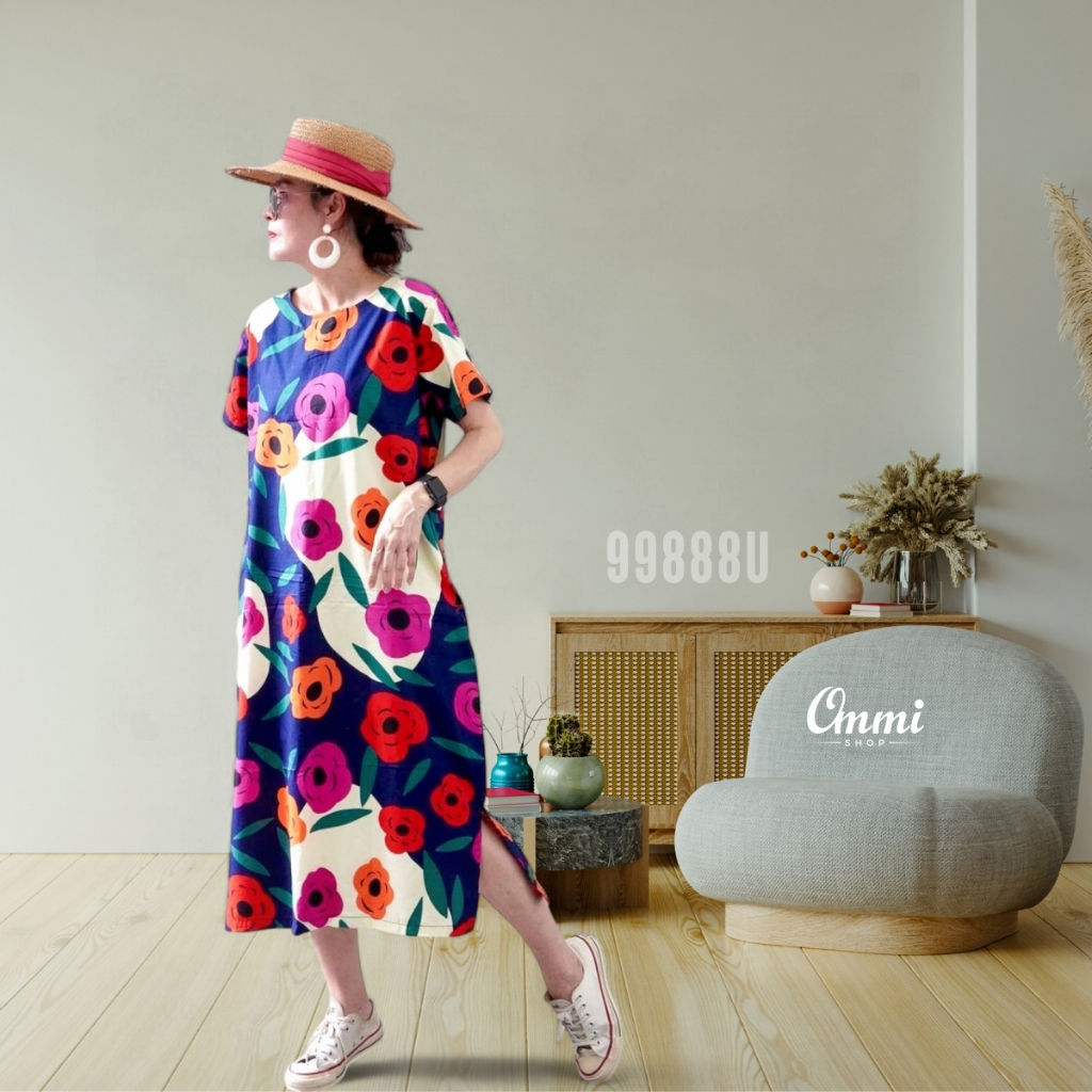 Ommishop 99888U ชุดเดรสแฟชั่นคอกลม ตอกอุเมะ แต่งผ่าข้าง Cotton Japan 100% (Bonus)