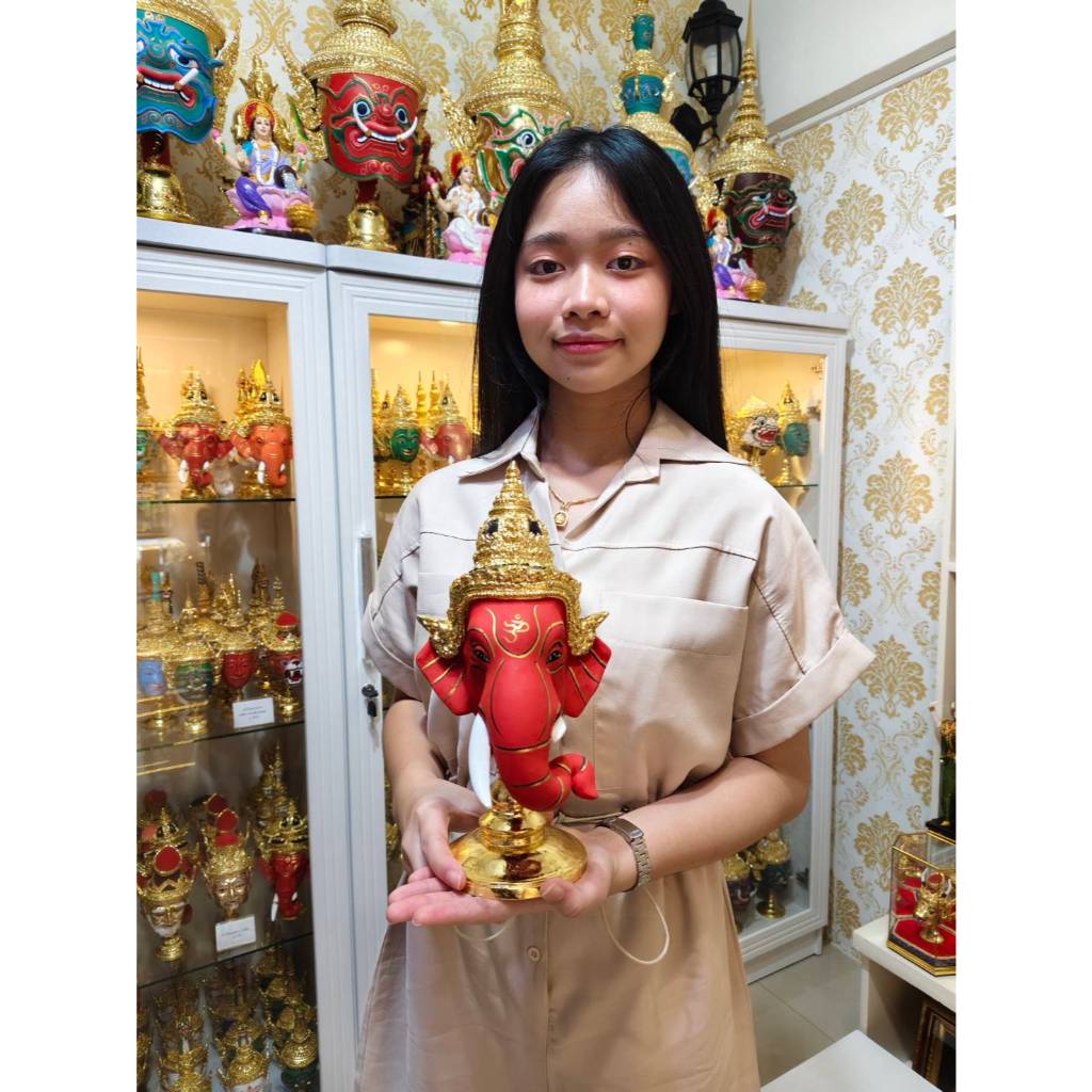 พระพิฆเนศ (สีแดง) กว้าง5นิ้ว พร้อมฐานปิดทอง งานเรซิ่น ทองเค เทพแห่งความสำเร็จ หัวโขน เศียรครู เศียรเทพ ของที่ระลึก