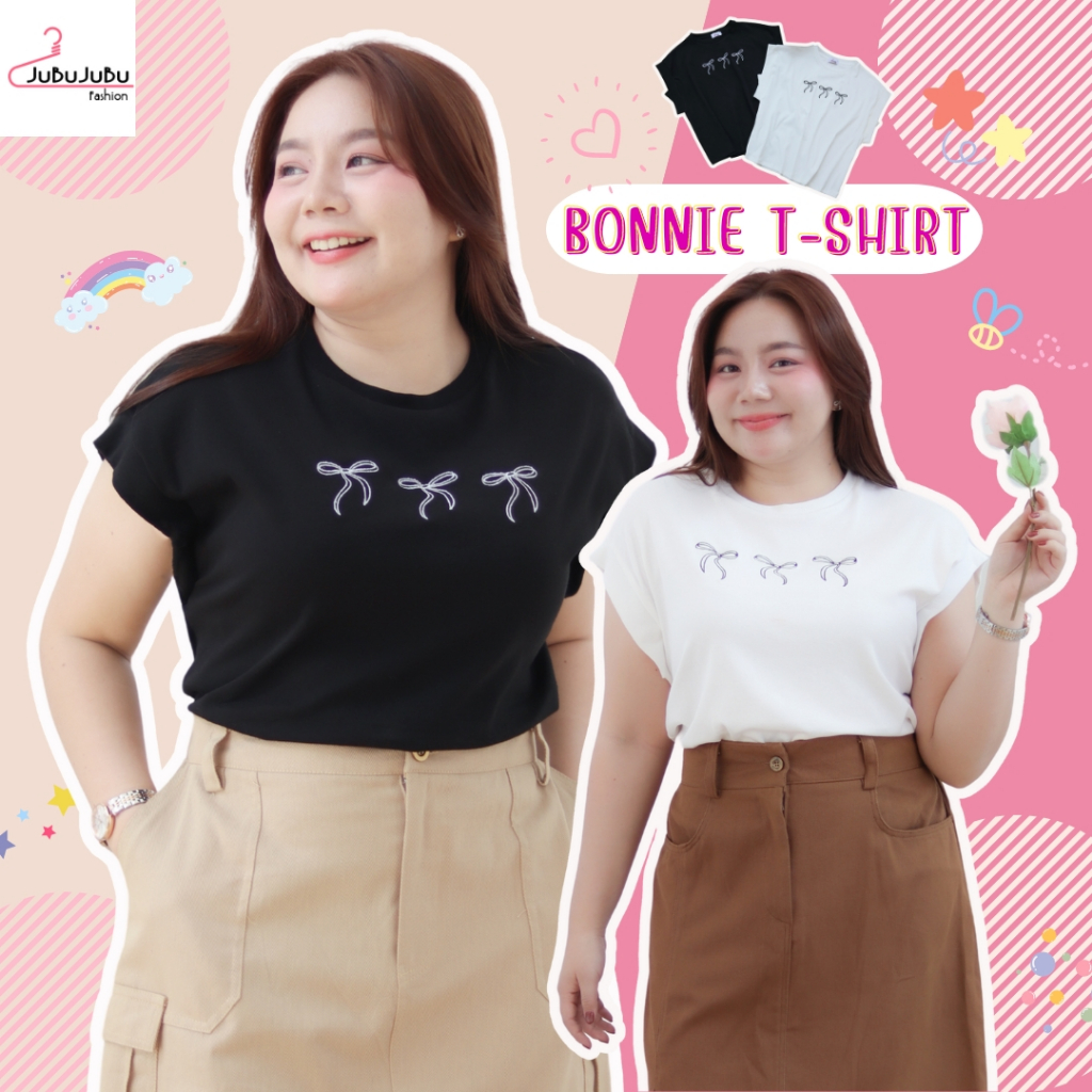 JuBu JuBu Bonnie Top T-Shirt เสื้อยืดแขนล้ำ สาวอวบ ปักลายโบว์น่ารักๆ สไตล์มินิมอล อก35-44นิ้ว #556