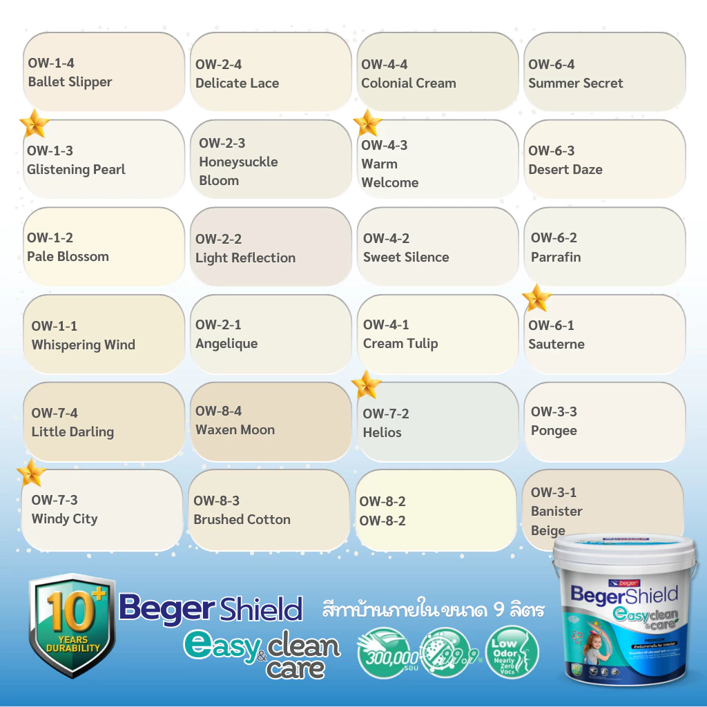 เบเยอร์ชิลด์ อีซี่คลีน & แคร์ Easy Clean & Care สีทาภายใน สีครีม กึ่งเงา ขนาด 9 ลิตร เกรดพรีเมียม 10 ปี กลิ่นอ่อน