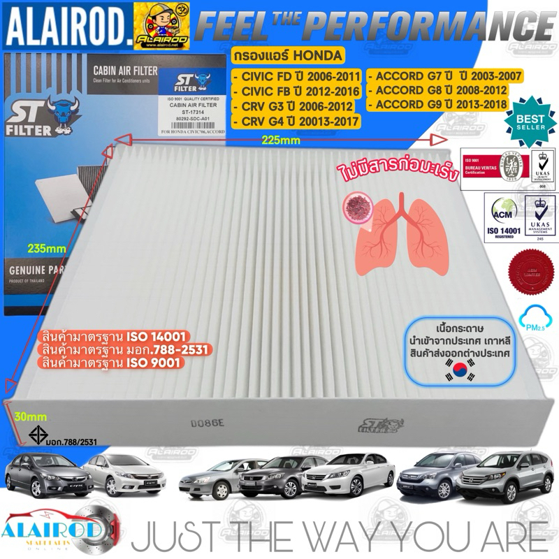 กรองแอร์ Honda Civic FB-FD ปี 2006-2016 ,CRV G3 ปี 2006-2013,Accord G7-G8-G9-G10 ปี 2003-2018 WIX,ST