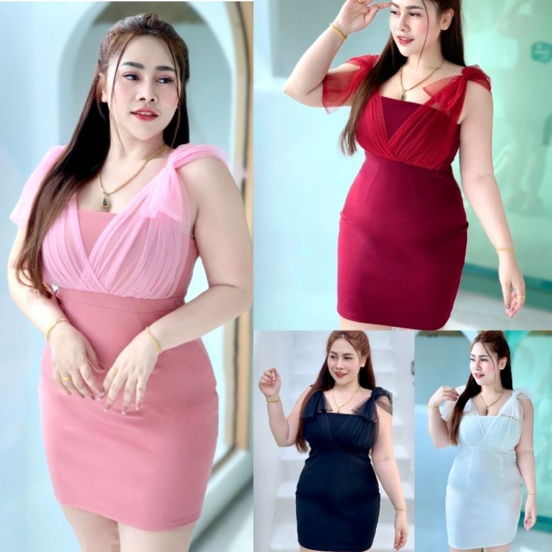 Z136 เดรสคุณหนูสาวอวบ เดรสผ้าวูลเวฟโบว์บ่า ซิปหลัง อก38-44“ เอว32-40” สพ.-48“