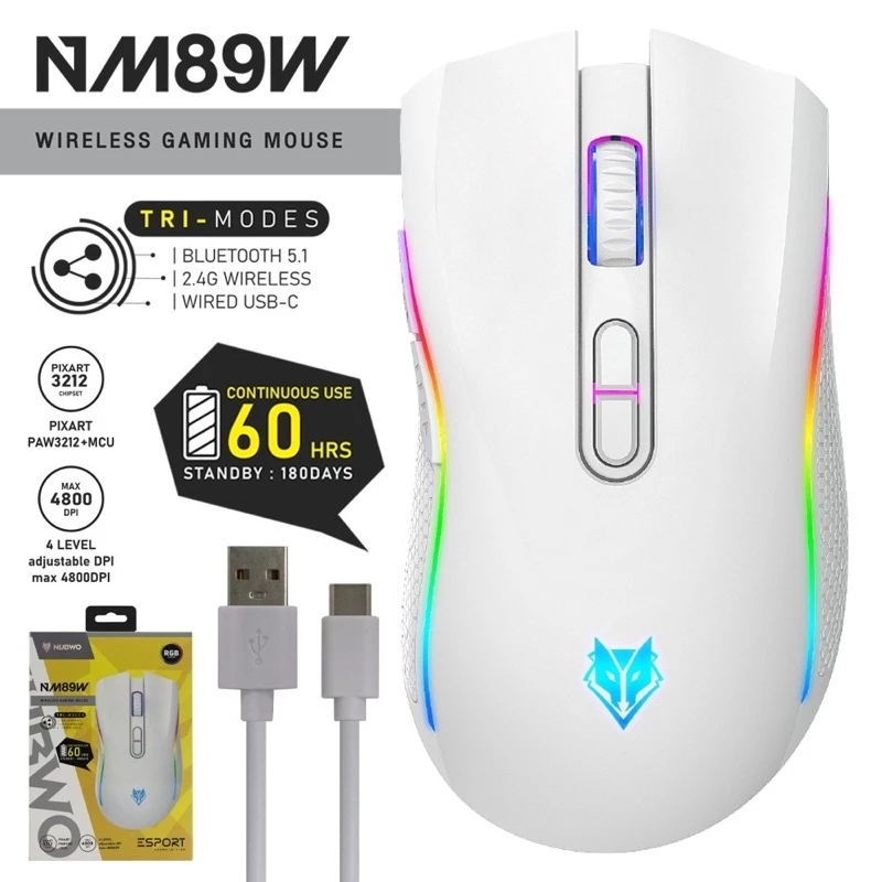Nubwo เมาส์เกมมิ่งไร้สาย NM-89W 2.4G wireless/Bluetooth5.1 มีไฟ RGB ปรับ DPI ได้ พร้อมสายชาร์ต