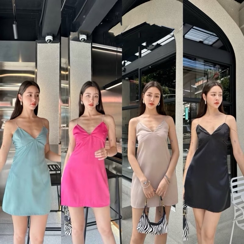 Mute - Jinny dress เดรสสั้นสายเดี่ยว สายเพชร ผ้าซาตินเงาๆ เนื้อหนาไม่ง้อซับ เดรสออกงาน เดรสเเซ่บๆ