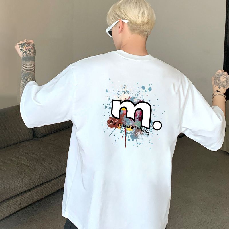 YOU-T เสื้อเชิ้ตแขนสั้น สวมใส่สบาย คอกลม, ตัวอักษร "ม" ผ้าฝ้ายแท้ 100% เนื้อผ้ามีความนุ่ม เรียบง่ายสไตล์เกาหลี