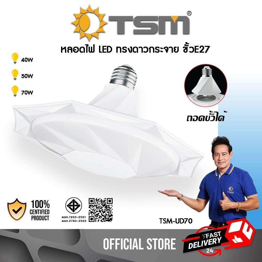 โคมไฟทรงจานบิน LED ขั้วE27 ถอดเปลี่ยนขั้วได้ 40W 50W 70W แสงขาว 6500K หลอดไฟ