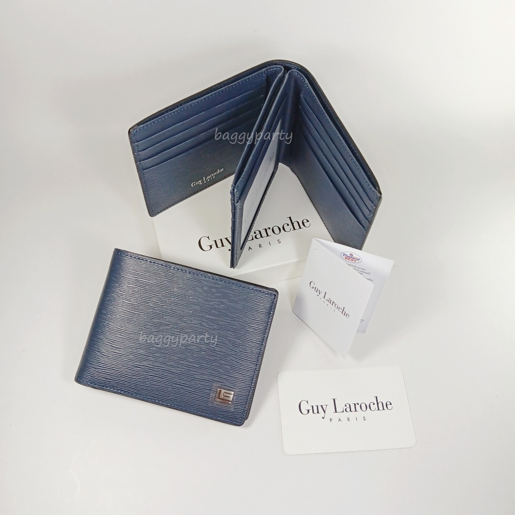 Guy Laroche แท้!! กระเป๋าสตางค์ผู้ชายพับสั้น สามช่องแบงค์ สีNavy Blue น้ำเงินดำ หนังอัดลายเส้น โลโก้