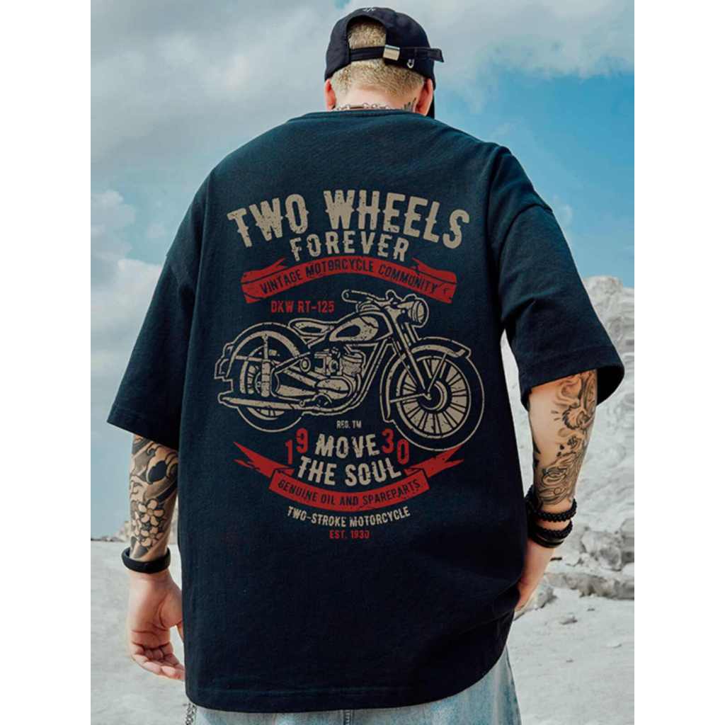 Basi เสื้อยืด oversize unisex สกรีนหน้าหลัง ลาย "TWO WHEELS" ผ้าคอตตอน100% ใส่สบาย แนวสตรีท ฮิปฮอป