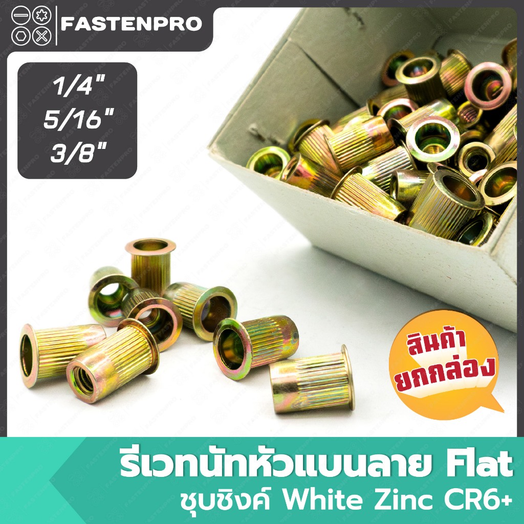 รีเวทนัทหัวแบนมีลายชุยรุ้ง Flat ขนาด 1/4", 5/16", 3/8" ไซส์หุน ยกกล่อง