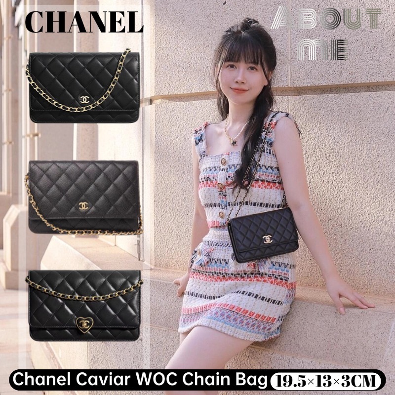 :Hot ขายชาแนลแท้ Chanel Caviar WOC Chain Bag Messenger Bag Flap Bag สุภาพสตรี