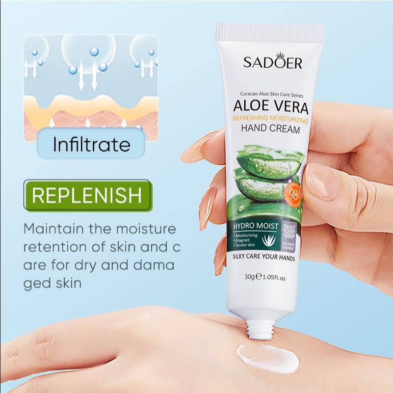 ( มีส่งด่วน ) Sadoer Aloe Vera Hand Cream ครีมทามือ สูตรว่านหางจระเข้ โลชั่นทามือ ชุ่มชื้น นุ่มเนียน ขนาด 30 g.