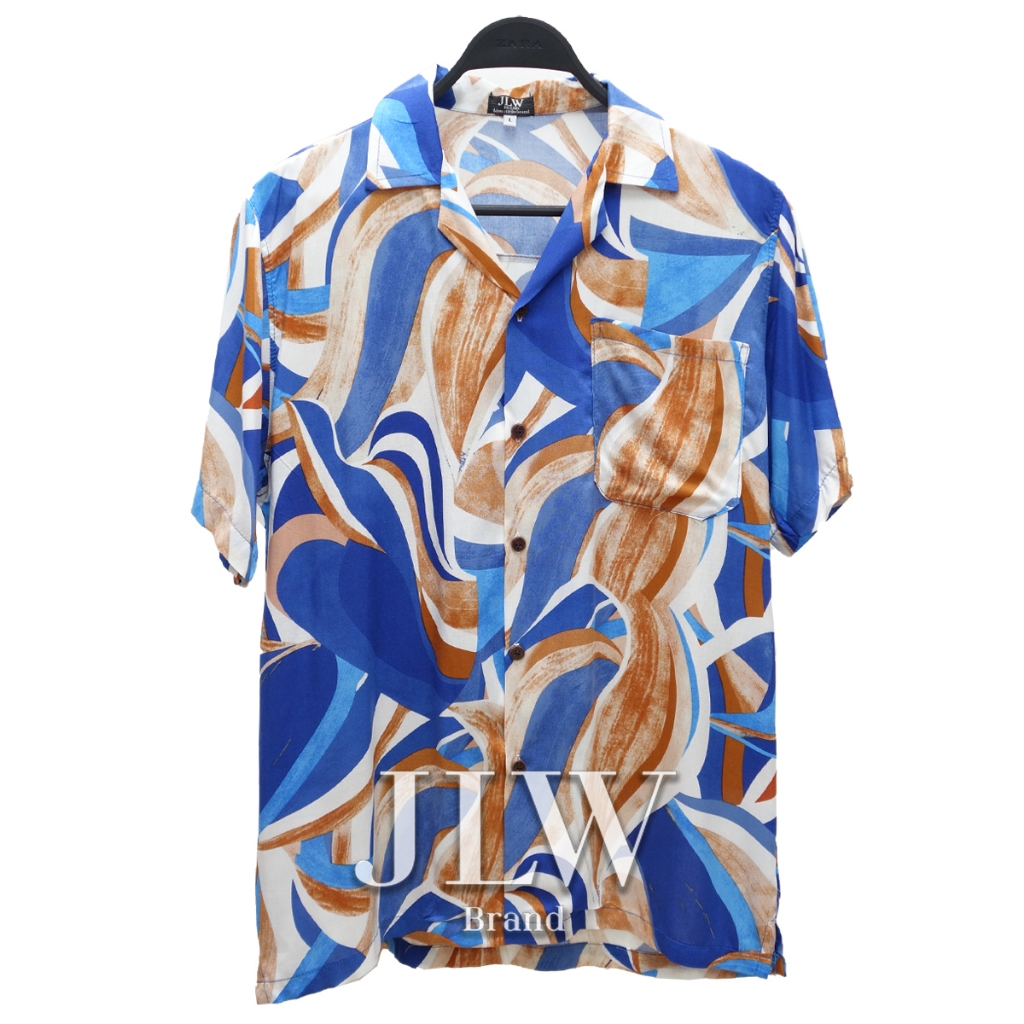 เสื้อฮาวาย ลายกลีบทิวลิป ฟ้า ผ้านิ่ม M L XL Oversize คอฮาวาย JLW BRAND