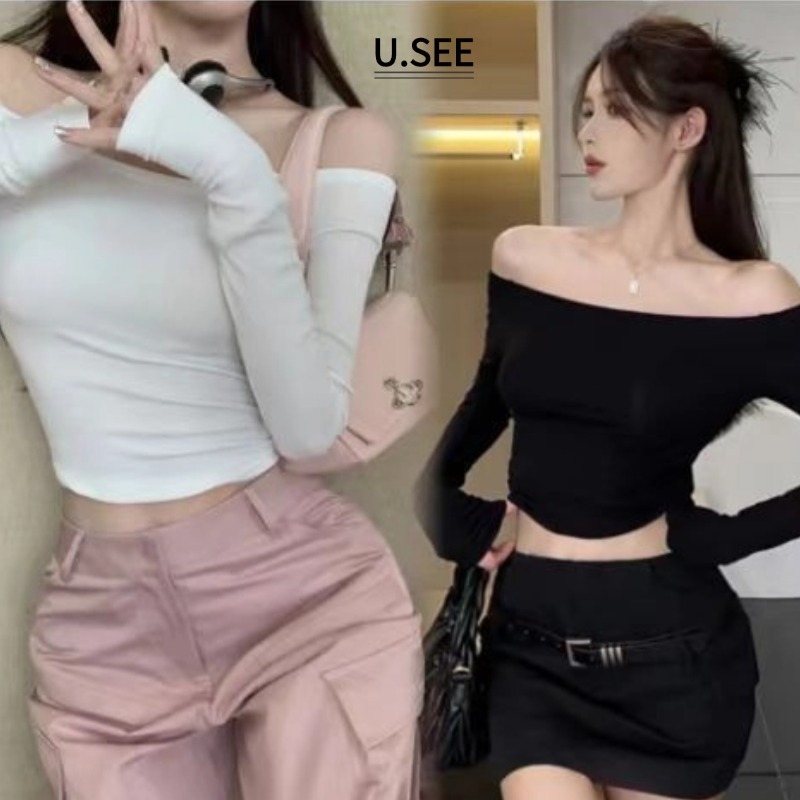 เสื้อเปิดไหล่ เสื้อยืดเเขนยาว เเบบสั้น ทรงเข้ารูป โชว์หุ่น#2261