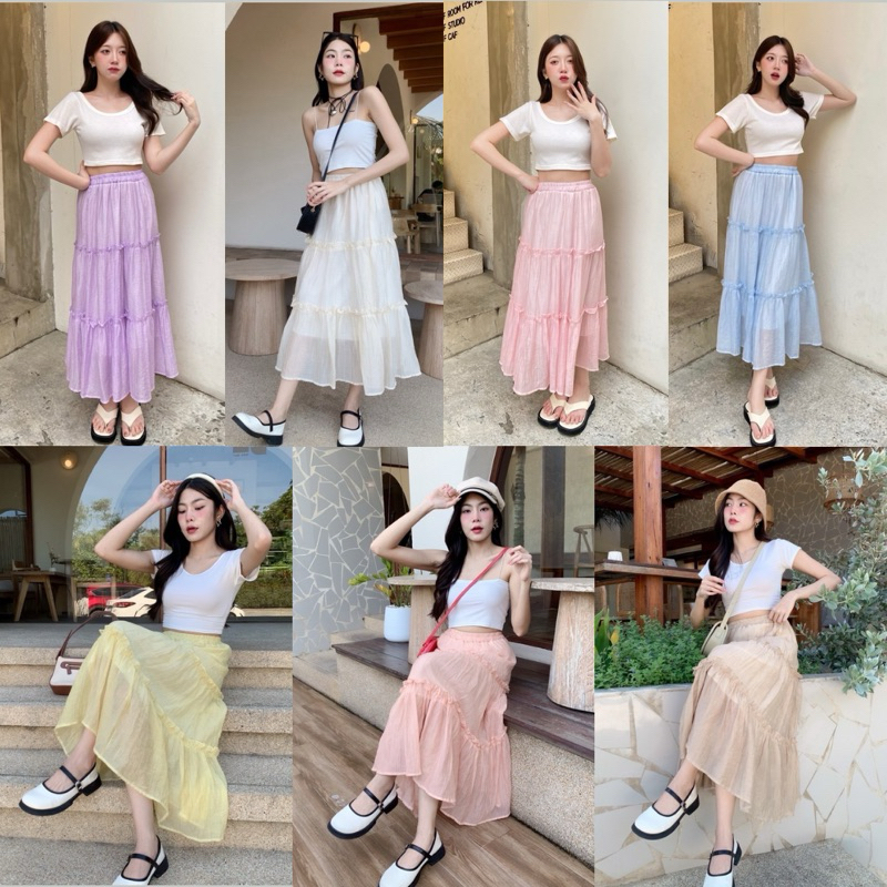 กระโปรงยาวผ้าใยแก้ว สีสวยพาสเทล ดีเทลเย็บระบาย มีซับในให้ในตัว