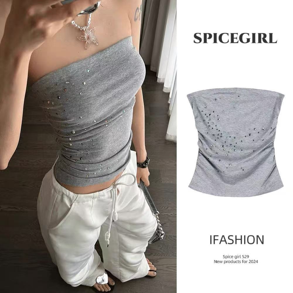 Spice Girl เสื้อเกาะอกสีเทา สามารถปรับที่หลังได้ ฝ้าย100% สไตล์เกาหลี สามารถปรับที่หลังได้ มีความยืดหยุ่นสูง ใส่สบาย