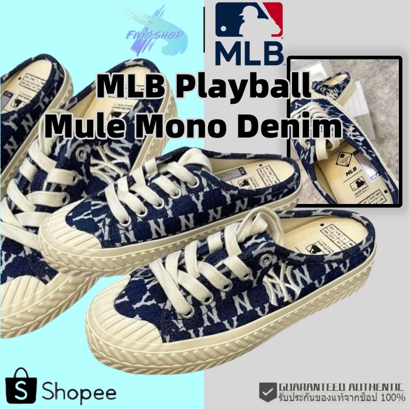 【ราคาพิเศษ】ของแท้% 100 พร้อมส่ง 2-3 วัน MLB Playball Mule Mono Denim 32SHSM111 ถ่ายจากสินค้าจริง สิน