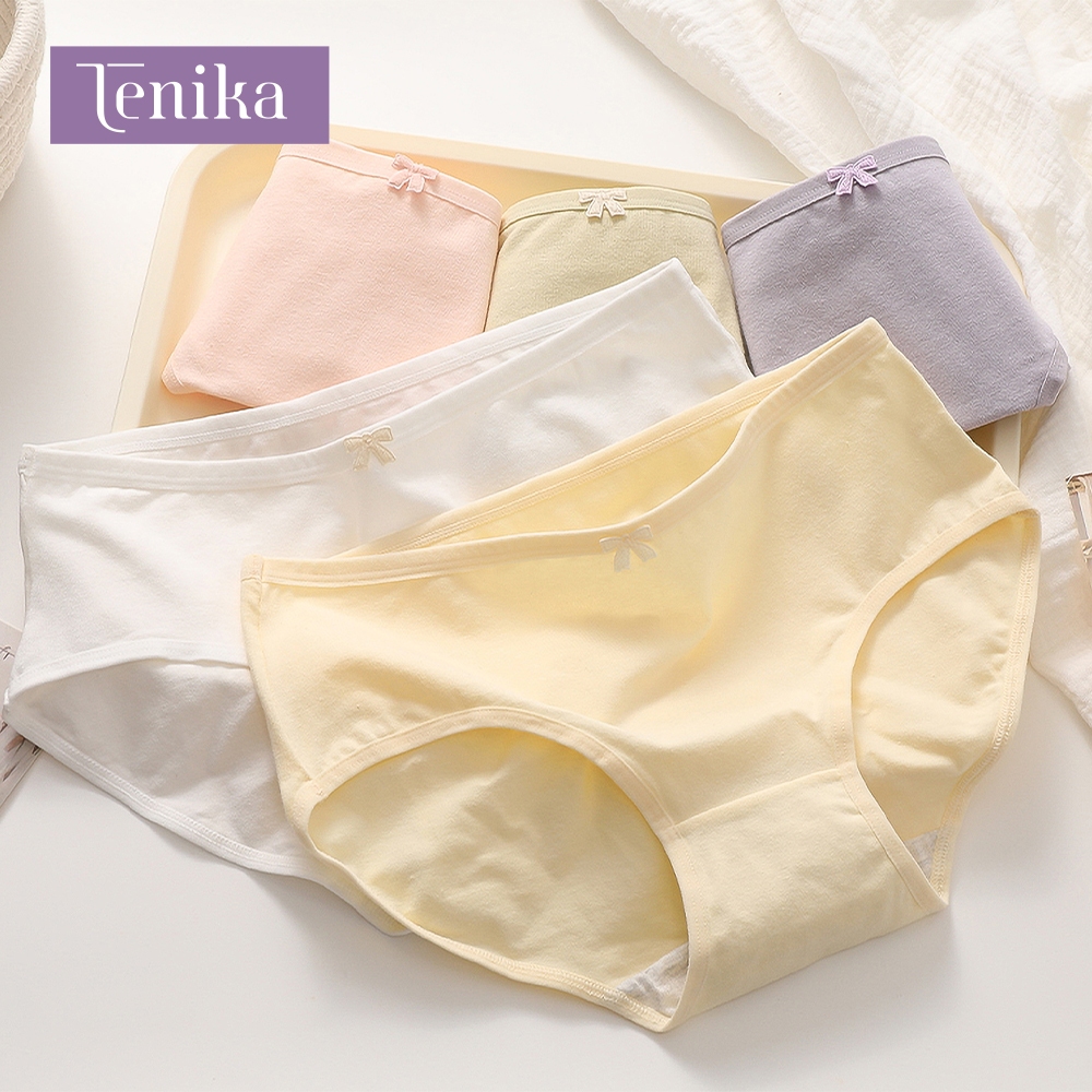 TENIKA กางเกงในผู้หญิง ฝ้าย เอวกลาง สีทึบ ผ้านิ่มใส่สบาย ระบายอากาศได้ดี Panties กางเกงในไร้ขอบ