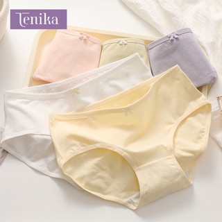 TENIKA กางเกงในผู้หญิง ฝ้าย เอวกลาง สีทึบ ผ้านิ่มใส่สบาย ระบายอากาศได้ดี Panties กางเกงในไร้ขอบ