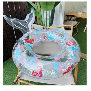 ห่วงยางเป่าลม PVC ประดับเลื่อม รูปนางเงือก เหมาะกับว่ายน้ําใต้วงแขน สําหรับเด็กผู้หญิง