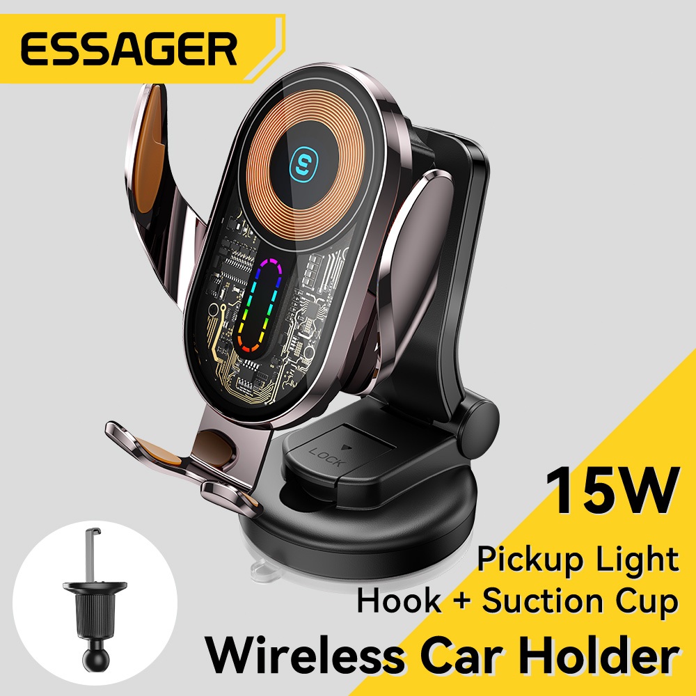 Essager ที่วางโทรศัพท์ในรถยนต์ตะขอ+ถ้วยดูด การชาร์จแบบไร้สาย 15W ไฟหลากสีสัน