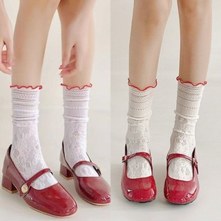 🌸พร้อมส่งในไทย🧦ถุงเท้าลูกไม้โลลิต้าสไตล์ญี่ปุ่น สีทึบ บางเฉี…