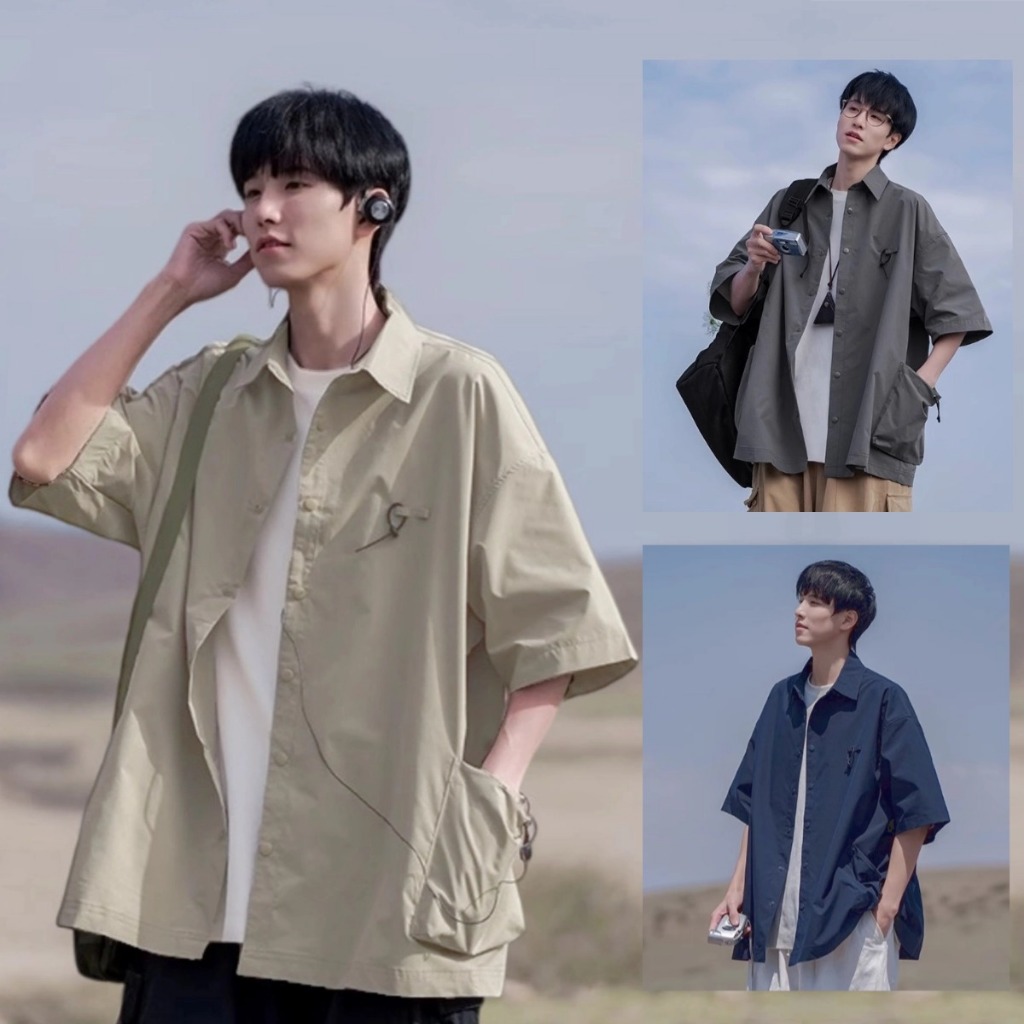 NEW เสื้อเชิ้ตผู้ชายแขนสั้น เสื้อแขนสั้น มีกระเป๋า3 แบบบาง ผ้านิ่มนุ่ม เบา Oversize ลำลอง สไตล์เกาหลี