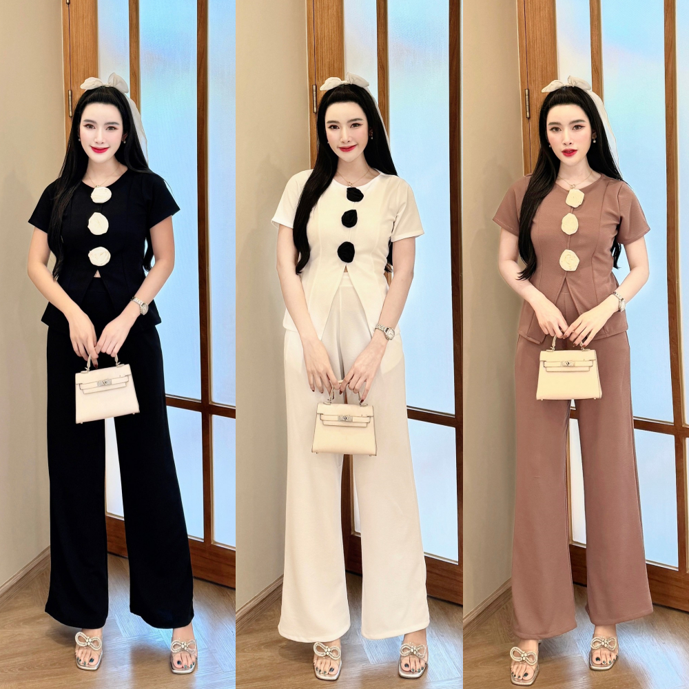 สินค้าพร้อมส่ง ชุดเซตผ้าวูลเวฟ เสื้อแต่งดอกกุหลาบหน้าผ่าหน้า+กางเกงเอวเรียบสม๊อคหลังมีกระเป๋า A5217